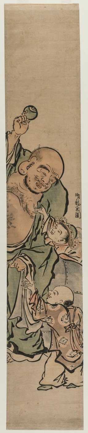 Zwei Kinder bitten Hotei um ein Juwel von Isoda Koryusai