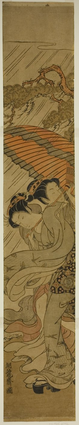 Zwei junge Frauen mit Regenschirm im Regensturm von Isoda Koryusai