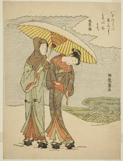 Junges Paar unter einem Regenschirm im Schnee von Isoda Koryusai