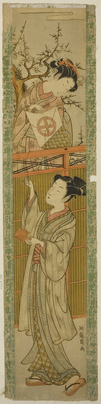 Junge Frau gibt einem jungen Mann einen Drachen zurück von Isoda Koryusai