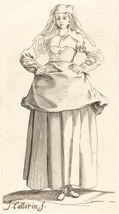 Junge Frau mit Händen auf den Hüften, Vorderansicht von Israel Henriet after Jacques Callot