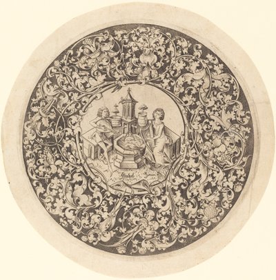 Rundes Ornament mit Musikern, die in der Nähe eines Brunnens spielen von Israhel van Meckenem