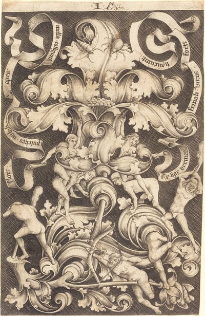 Ornament mit Blume und acht wilden Leuten von Israhel van Meckenem