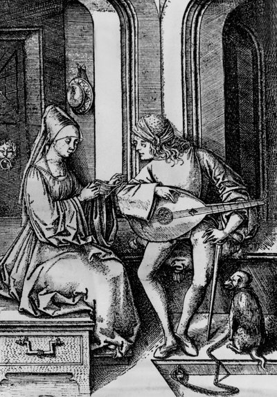 Eine Frau singt, während ein Mann Laute spielt (Gravur) von Israhel van the younger Meckenem