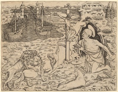 Heiliger Hieronymus in Buße, mit zwei Schiffen im Hafen von Italian 15th Century