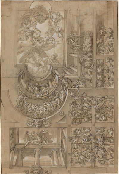 Illusionistische Decke mit einem Weinlaub, Figuren auf Galerien und einer zentralen Szene der olympischen Götter von Italian 16th Century