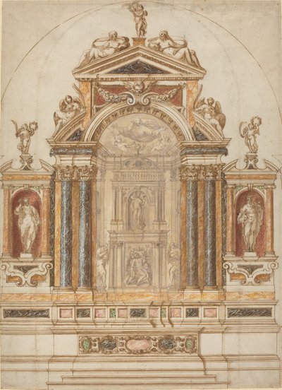 Ein aufwendiger Altar aus farbigem Marmor, verziert mit Skulpturen von Italian 17th Century