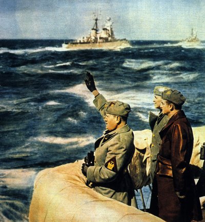 Mussolinis Reise nach Libyen. Der Duce inspiziert die italienische Flotte. 1926. Farbige Fotografie von Italian Photographer