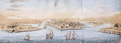 Ein Vogelschau von Valetta vom Meer aus, mit Kriegsschiffen, die in den Hafen einlaufen von Italian School