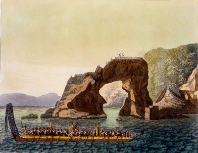 Ein befestigter Aussichtspunkt der Maori in Neuseeland, kombiniert mit einem Maori-Kriegskanu, 1820er-30er Jahre von Italian School