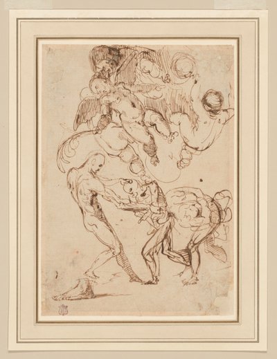 Studie von gefesselten männlichen Figuren, die misshandelt werden, und verschiedenen Putti, einer hält einen Palmwedel von Italian School