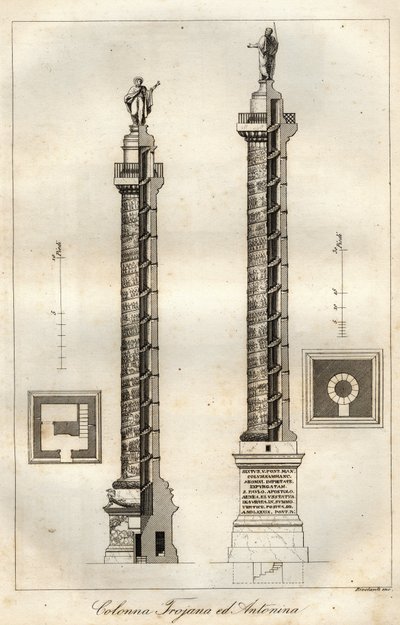 Ein Querschnittsdiagramm der Trajanssäule (Trajane-Säule) (113 n. Chr.) und der Säule des Antoninus Pius (161 n. Chr.) in Rom - Gravur aus „Usi e Costumi di Tutti i Popoli dell