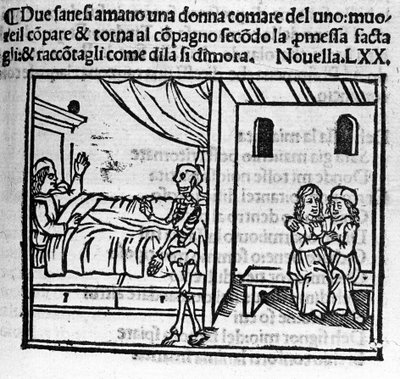 Ein Mann, der in die Frau seines Freundes verliebt ist, ersetzt ihn im ehelichen Heim, als er stirbt. Illustration zur Novelle 70 (Novelle 10 des sechsten Tages) des „Decameron“ von Giovanni Boccaccio (1313-1375), italienischer Schriftsteller. Gravur in „D von Italian School
