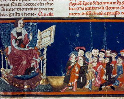 Ein Meister und seine Schüler Miniatur der Florentiner Schule aus einer Ausgabe des „Pater noster“ von Ser Zucchero Bencivenni (MS.II.VI 16) Anfang des 14. Jahrhunderts Florenz, Nationalbibliothek von Italian School