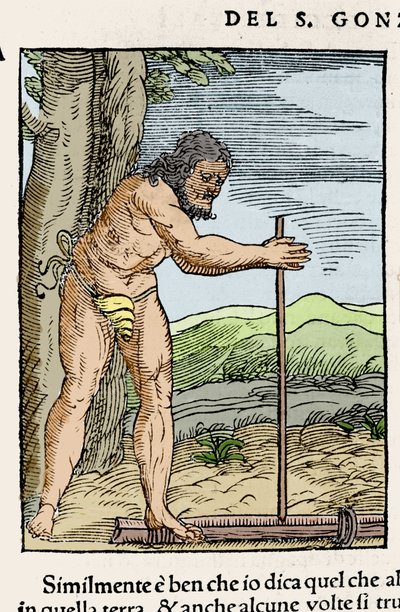 Ein Eingeborener entzündet ein Feuer, indem er zwei Holzstücke aneinander reibt. Gravur aus „Navigationi und Viaggi“ von Giovanni Battista Ramusio (1485-1557), Bd. III, Venedig 1565. von Italian School