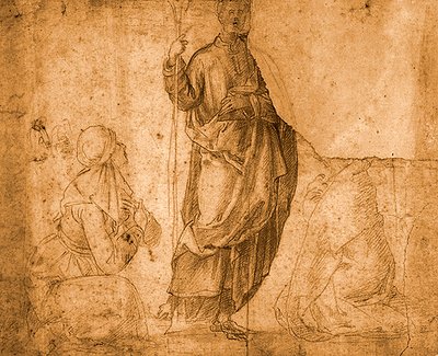 Ein Heiliger mit zwei knienden Frauen (Rötel auf Papier) von Italian School