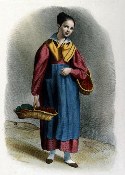 Eine junge wandernde Erdbeerverkäuferin. Mailänder Beruf, Gravur von Locarno aus dem Jahr 1830 von Italian School