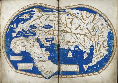 Weltkarte, aus "Insularium Illustratum" von Enrico Martello, eine Beschreibung der Inseln, hauptsächlich des Mittelmeers, mit farbigen Plänen, Italien, ca. 1470 (Pergament) von Italian School
