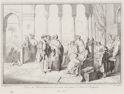Alvise da Mosto, oder Cadamosto, wird dem Infanten Heinrich von Portugal vorgestellt von Italian School