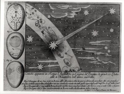 Astrologisches Diagramm des Kometen, der während der Jungfrau in Rom erschien und bis November 1680 sichtbar blieb von Italian School
