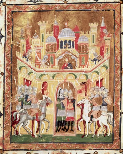 Kampfszene an den Mauern Jerusalems, aus Descriptio Terrae Sanctae von Burcardus Theutonicus oder Burchard von Mount Sion von Italian School