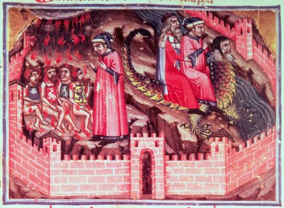 Canto XVII Vier Sodomiten: Dante und Virgil reiten auf dem Rücken von Geryon in den Kreis der Betrüger, aus der Göttlichen Komödie (Inferno), ca. 1313 von Italian School