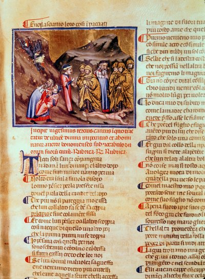 Canto XXIII Dante und Virgil im Kreis der Heuchler, mit Kaiphas am Boden gekreuzigt, aus der Göttlichen Komödie (Inferno), ca. 1313 von Italian School