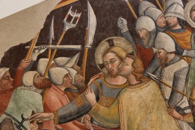 Gefangennahme Christi, von Meister der rechten Apsis von St. Franziskus in Montefalco, abgelöster Fresko, Ende des 14. Jahrhunderts von Italian School