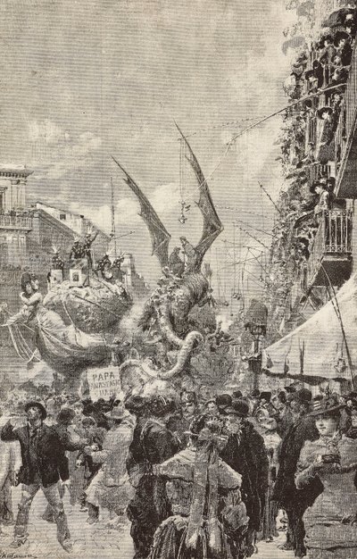Wagenparade am letzten Tag des Karnevals, Neapel, Italien, Gravur nach einer Zeichnung von Matania, aus L