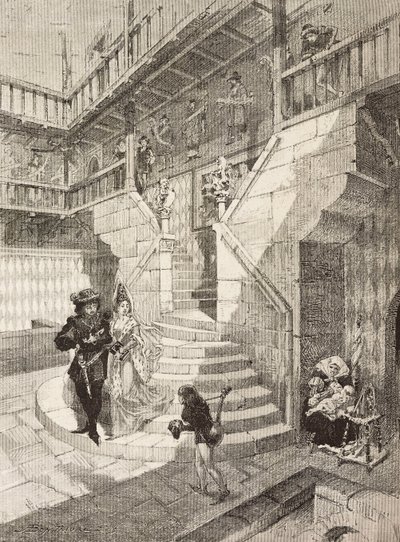 Schlosshof, mittelalterliches Dorf in Turin, Italien, Stich von Bonamore aus L