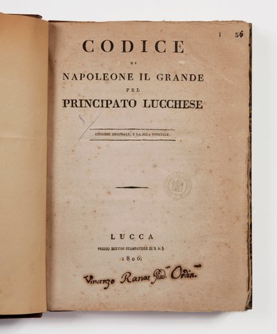 Code Napoléon des Großen für das Fürstentum Lucca, erste offizielle Ausgabe, Lucca, Presso Bertini, 1806, und der ländliche Code für die Fürstentümer Lucca und Piombino, Lucca, Fr. Bertini, 1807 von Italian School