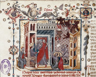 Codices Cavenses, Cod.25 f.181, Simon Magus, der Kaiser Nero und die Apostel, Miniatur aus Speculum Historiale, Teil I, von Vincent de Beauvais, ca. 1320 von Italian School