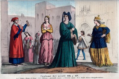 Kostüme in Siena zwischen dem XIII. und XIV. Jahrhundert - Kleidung in Siena zwischen dem XIII. und XIV. Jahrhundert - Gravur aus „Usi e Costumi di Tutti i Popoli dell