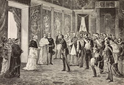 Kronprinz von Deutschland (zukünftiger Friedrich III.) wird von Papst Leo XIII. im Thronsaal des Vatikans empfangen, Gravur nach einer Zeichnung von Ximenes nach einer Skizze von Dal Don von Italian School