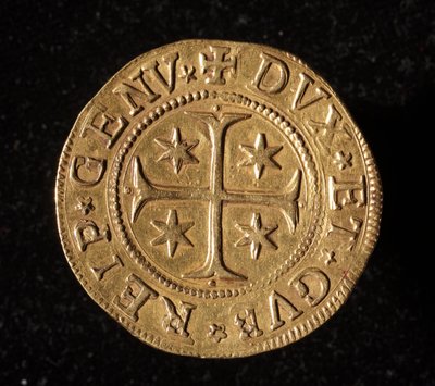 Währung der Republik Genua: fünf Gold-Doppie-Münze. Durchmesser 41 mm. 1652. Vorderseite. Genua Musei di Strada Nuova von Italian School