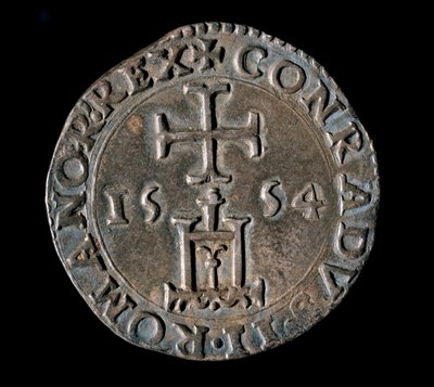 Währung der Republik Genua: silberner Teston (oder Testone) der Benediktion. Vorderseite mit Darstellung des Genua-Portals unter einem Kreuz. 1554 Genua, Musei di Strada Nuova von Italian School