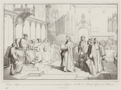 Dante Alighieri stellt sich dem Senat als Botschafter von Guido Novello di Polenta, Herr von Ravenna, vor von Italian School
