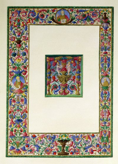 Dekorativer Rand mit Gott dem Vater und zwei Propheten und ein historisiertes Initial T mit einer Sirene und zwei Putti, 15.-16. Jahrhundert von Italian School