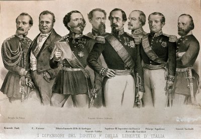 Verteidiger des Gesetzes und der Freiheit Italiens: von links nach rechts, General Manfredo Fanti (1806-1855), Camillo Benso, Graf von Cavour (1810-1861), König von Sardinien Vittorio Emanuele II (Victor Emmanuel), General Enrico Cialdini (1811-1892) von Italian School