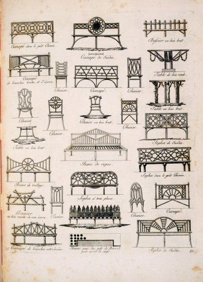 Entwürfe für Gartensitze, aus Ein Kompendium von Zeichnungen, von J.G. Grohmann, veröffentlicht 1805 von Italian School