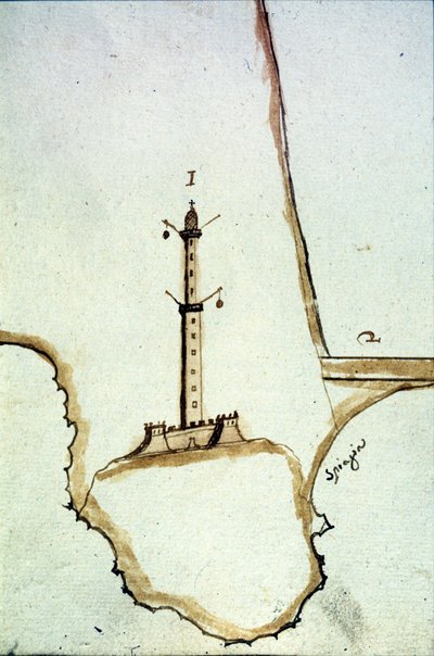 Detail einer handschriftlichen topografischen Karte des 17. Jahrhunderts, die die Position der Laterne von Genua zeigt von Italian School