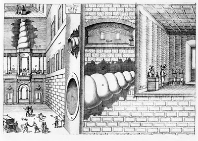 Gerät zum Abhören von Gesprächen auf einem Platz, Illustration aus Musurgia Universalis von Athanasius Kircher (1601-80), veröffentlicht in Rom, 1650 von Italian School