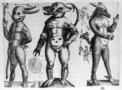 Verschiedene Arten von menschlichen Monstern mit halb menschlichen, halb tierischen Körpern. Gravur aus „De monstrorum natura, causis et differentiis“ von Fortunio Liceti (1577-1656), italienischer Wissenschaftler. 1646 von Italian School
