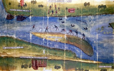 Streit um das Recht auf Eisernten zwischen den Bewohnern des Flusses Po. 1535. Mailand, Nationalarchiv von Italian School