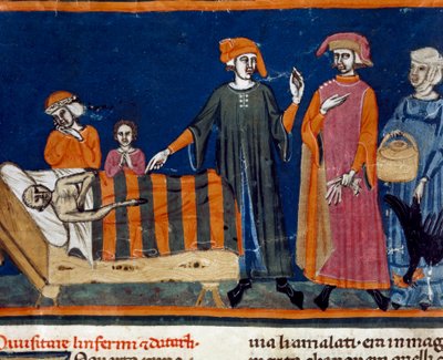 Docks am Krankenbett Miniatur der Florentiner Schule aus einer erweiterten Ausgabe des „Pater noster“ von Ser Zucchero Bencivenni (MS.II.VI 16) Anfang des 14. Jahrhunderts Florenz, Nationalbibliothek von Italian School