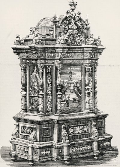 Ebenholzschrank mit Einlagen von Möbeltischler Alessandro Monteneri aus Perugia (aktiv 19.-20. Jahrhundert), Illustration von der italienischen Ausstellung 1881 in Mailand, Italien von Italian School
