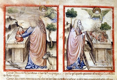 Episode des Opfers von Isaak durch Abraham. Miniatur aus Codex 212 (oder Padovano Codice oder Bibel von Padua) 1390-1400 von Italian School