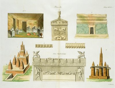 Etruskische Sarkophage und Grabstätten, Tafel 7, Klasse 6 aus Teil I der Geschichte der Nationen, graviert von A. Nani von Italian School