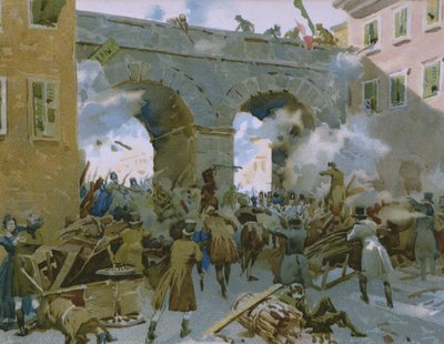Ereignisse vom 18. bis 22. März 1848, Mailänder vertreiben die Österreicher, Illustration aus einem Album zur Geschichte des Risorgimento für die Schokolade Talmone, späte 19. Jahrhundert von Italian School