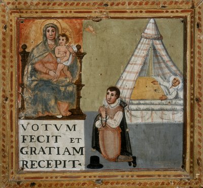 Ex-Voto, das einen Mann zeigt, der der Jungfrau auf Knien für die Heilung von einer Krankheit dankt, 1604 von Italian School